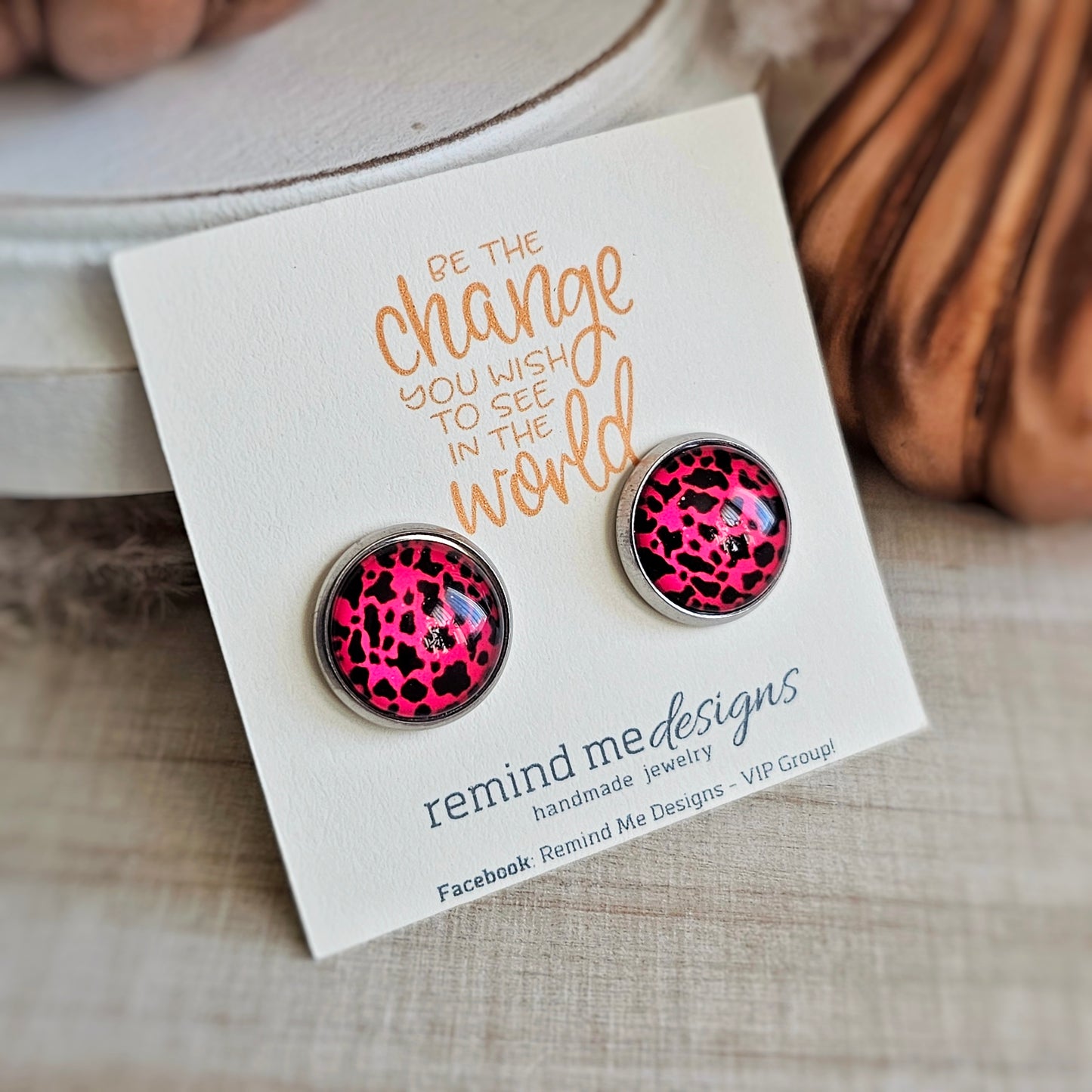 Black and Hot Pink Glass Stud Earrings