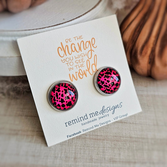 Black and Hot Pink Glass Stud Earrings