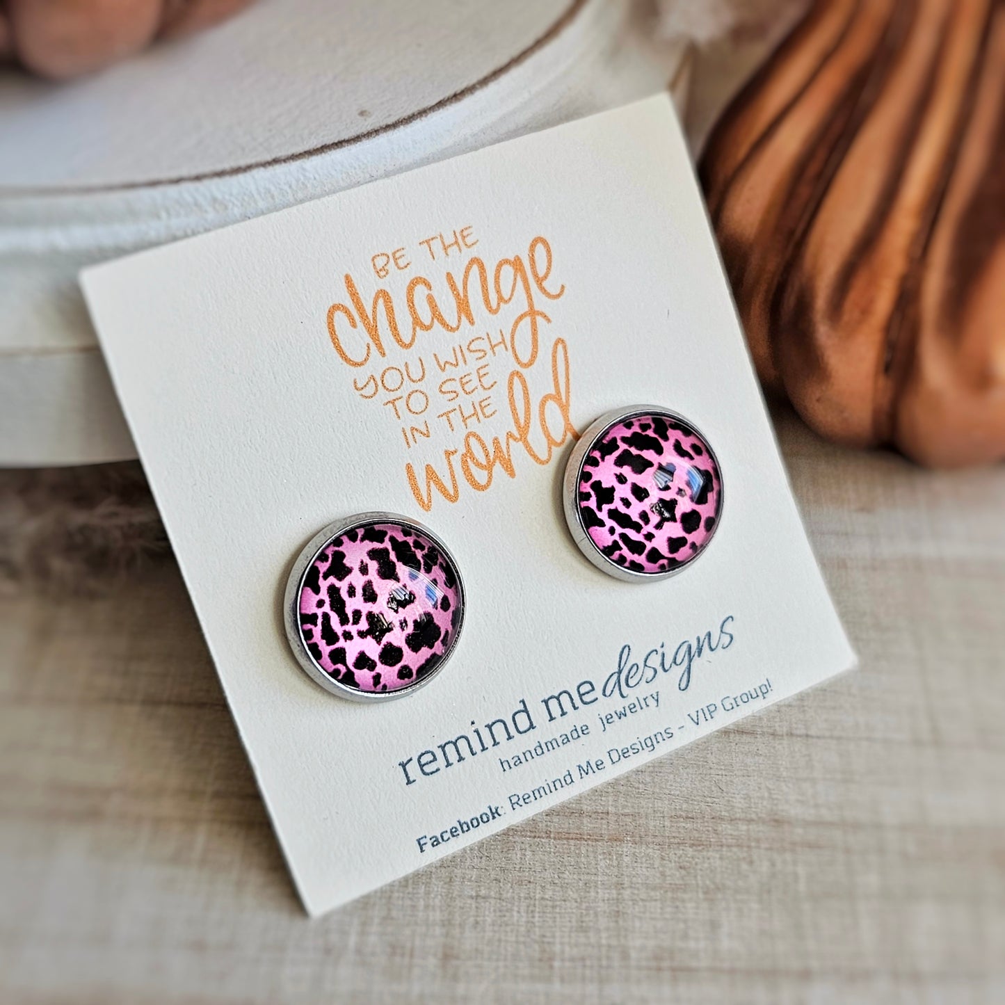 Black and Pink Glass Stud Earrings