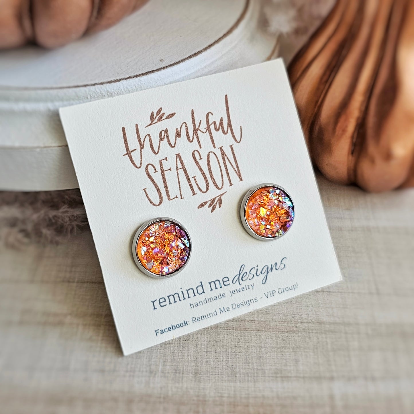 Orange Iridescent Druzy Stud Earrings