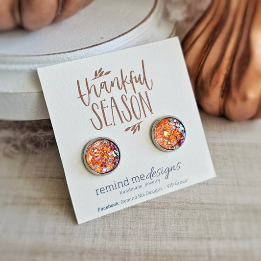 Orange Iridescent Druzy Stud Earrings