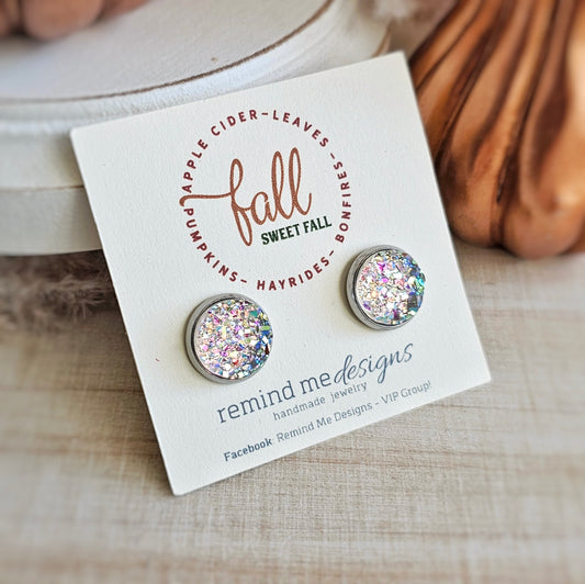 Iridescent Clear Druzy Stud Earrings