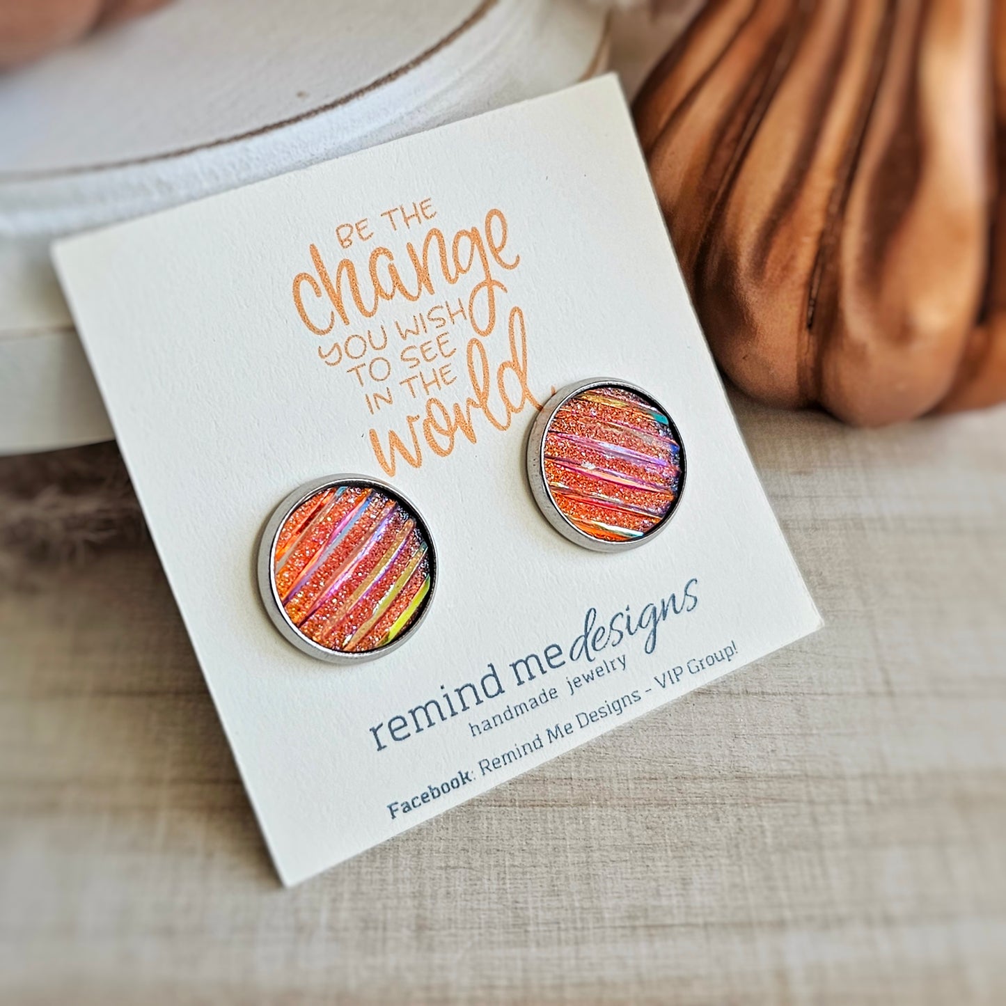 Orange Iridescent Striped Druzy Stud Earrings