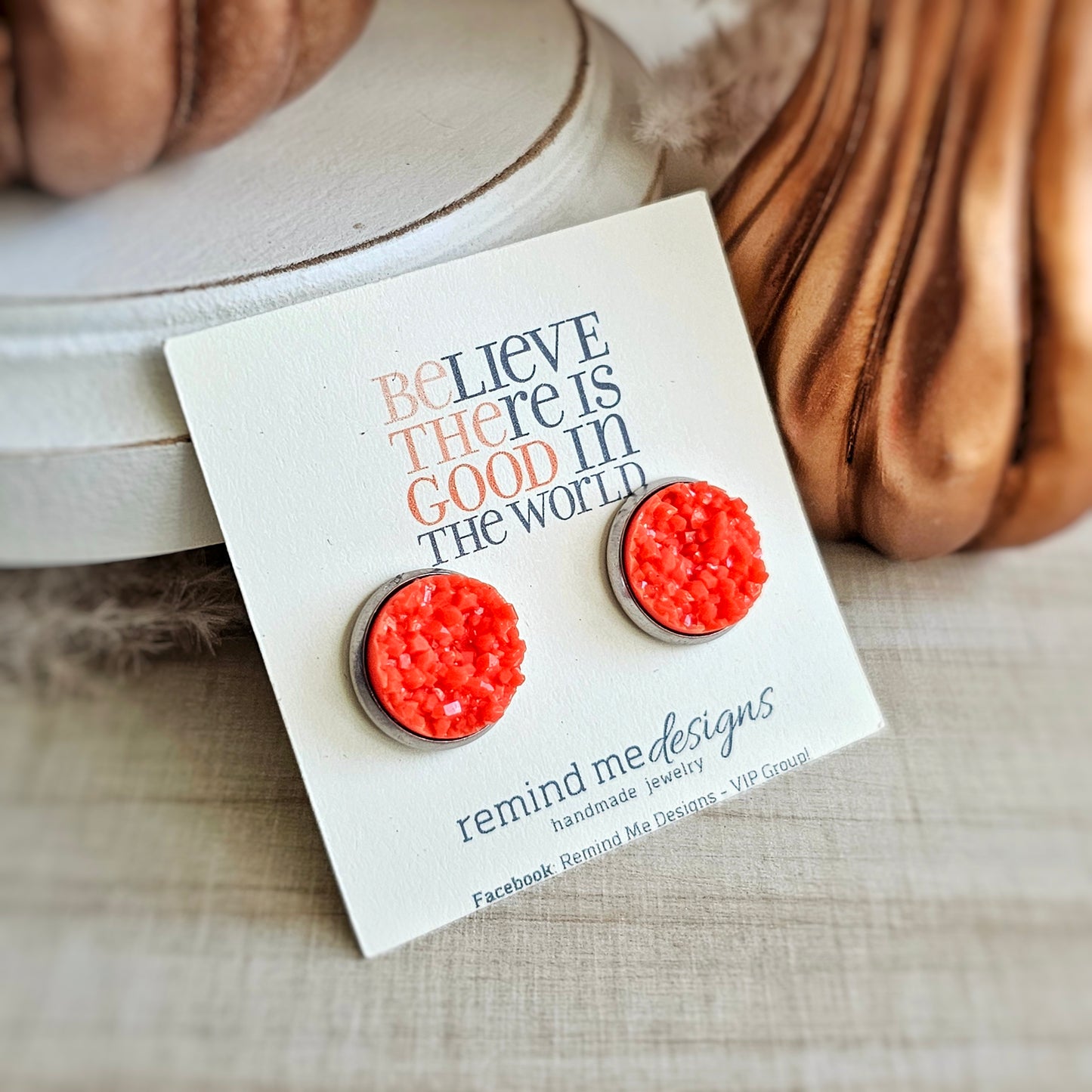 Coral Orange Druzy Stud Earrings