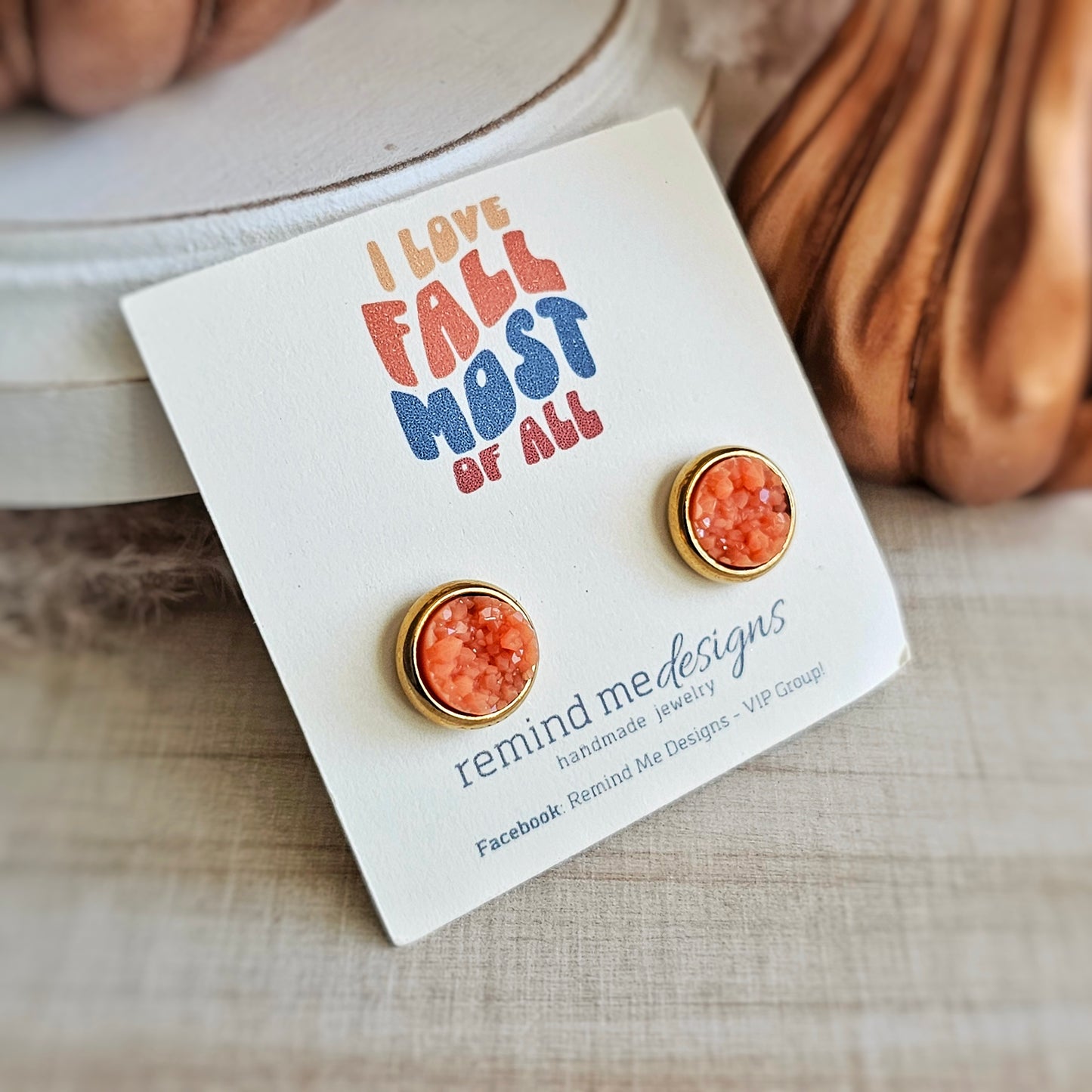 Gold and Pumpkin Orange Druzy Stud Earrings