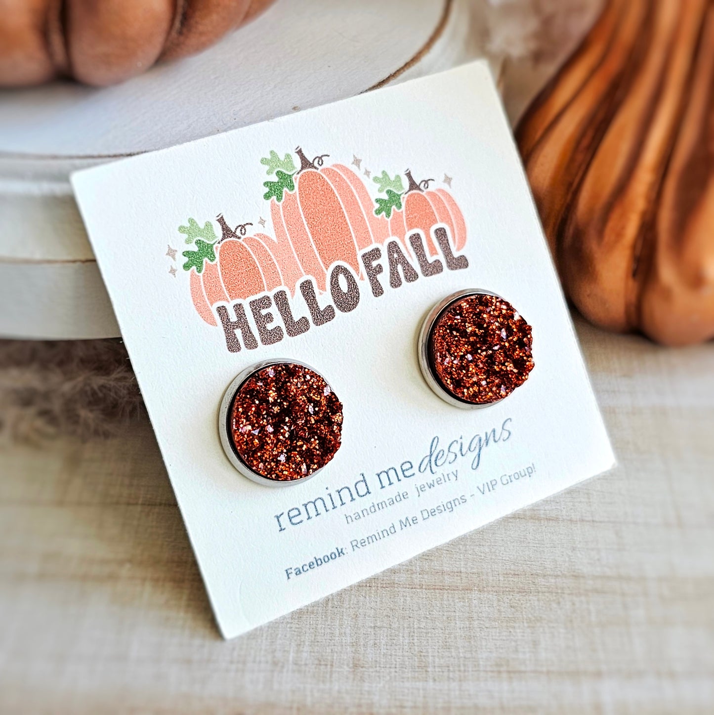 Copper Orange Glitter Druzy Stud Earrings