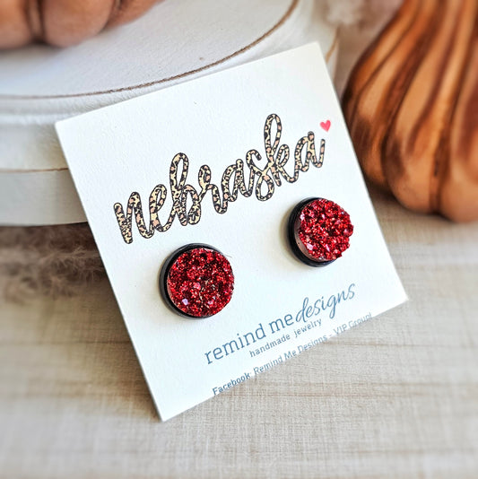 Red Glitter and Black Druzy Stud Earrings