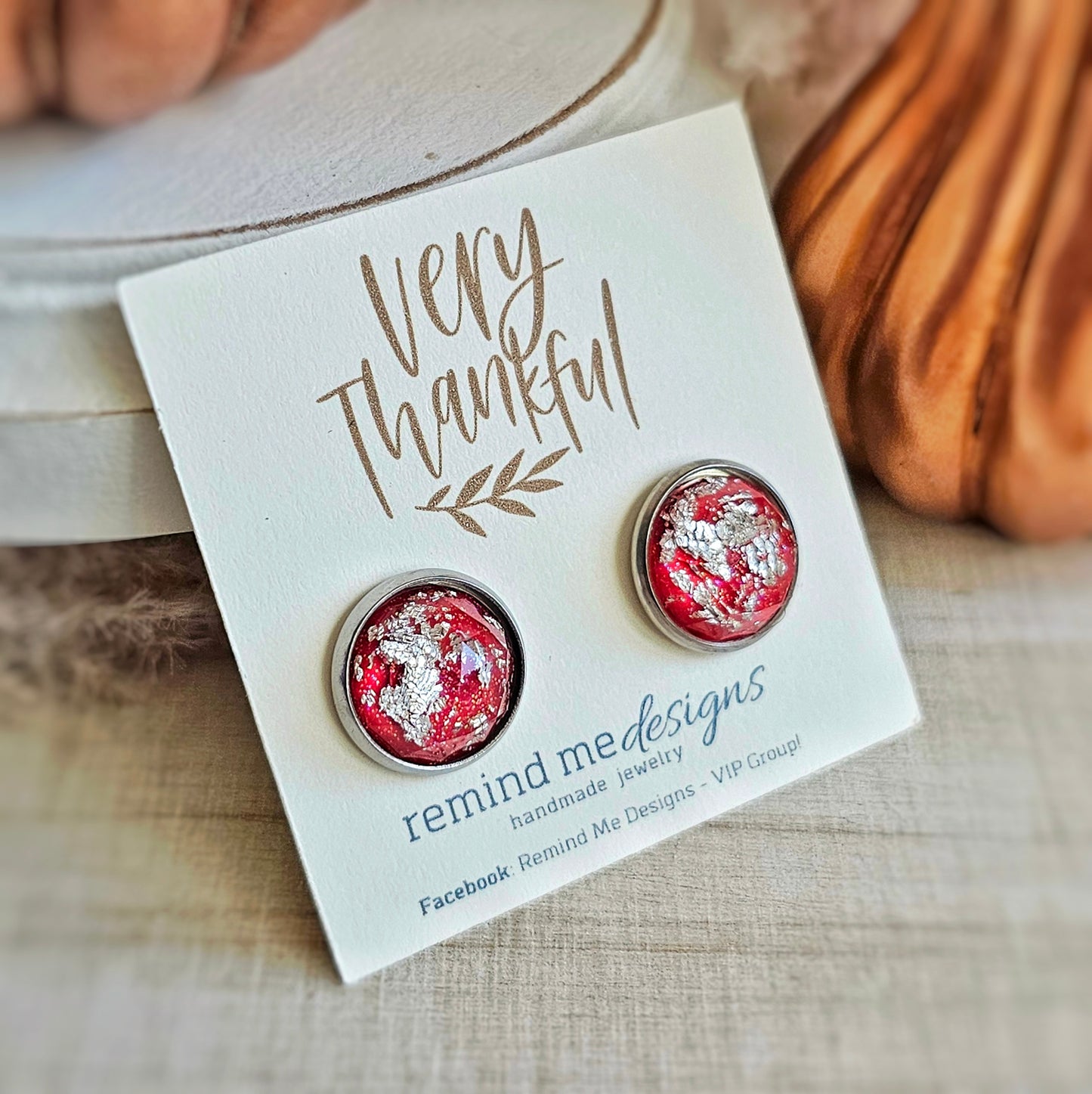 Red and Silver Flake Druzy Stud Earrings
