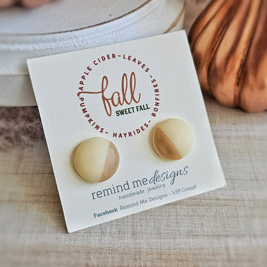 Cream and Wood Resin Stud Earrings