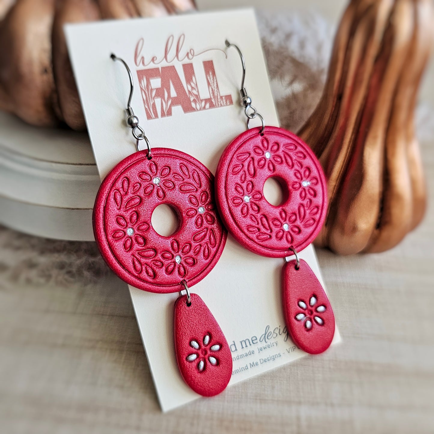 Red and Silver Clay Dangle Earrings