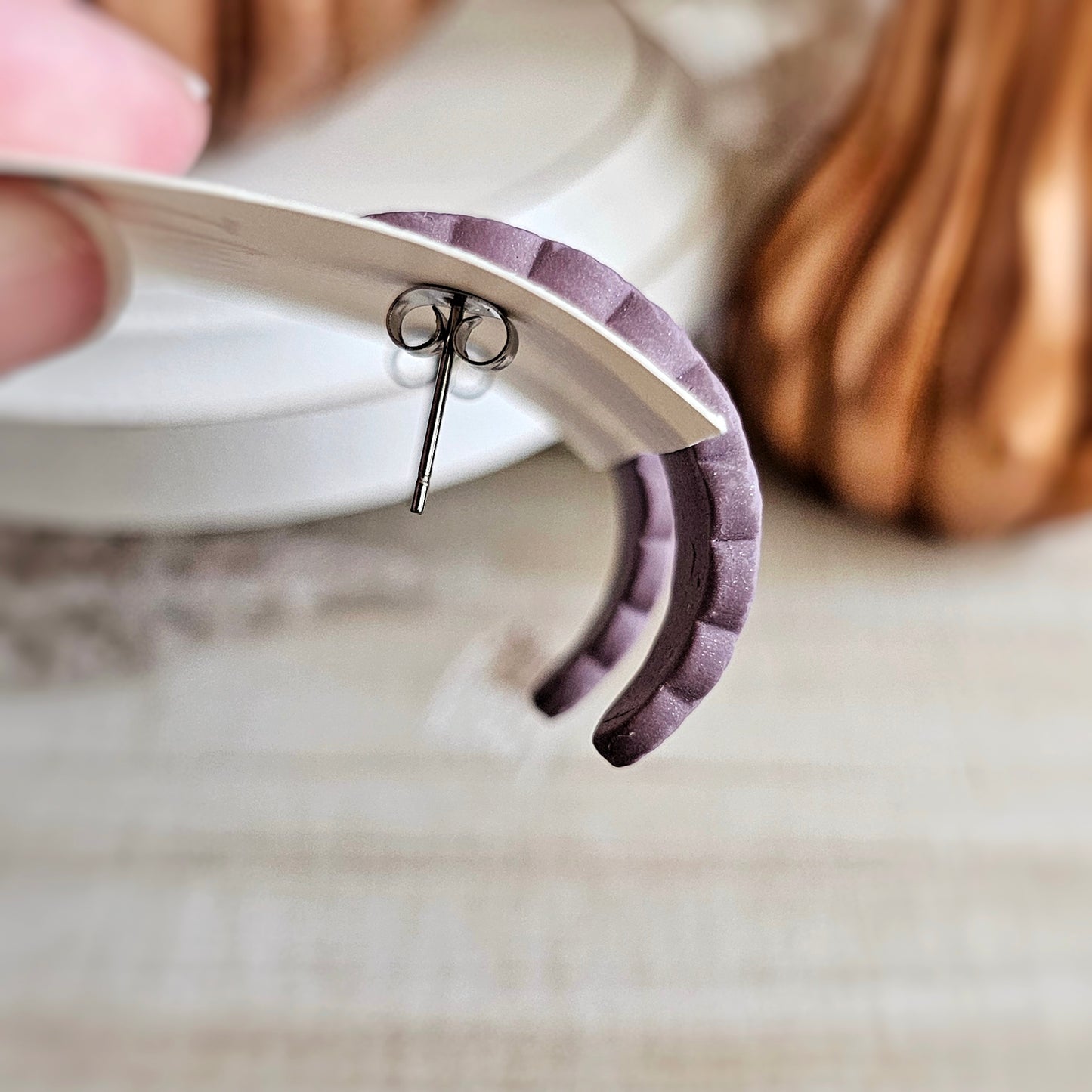 Heather Light Purple Ear Huggies Clay Dangle Earrings