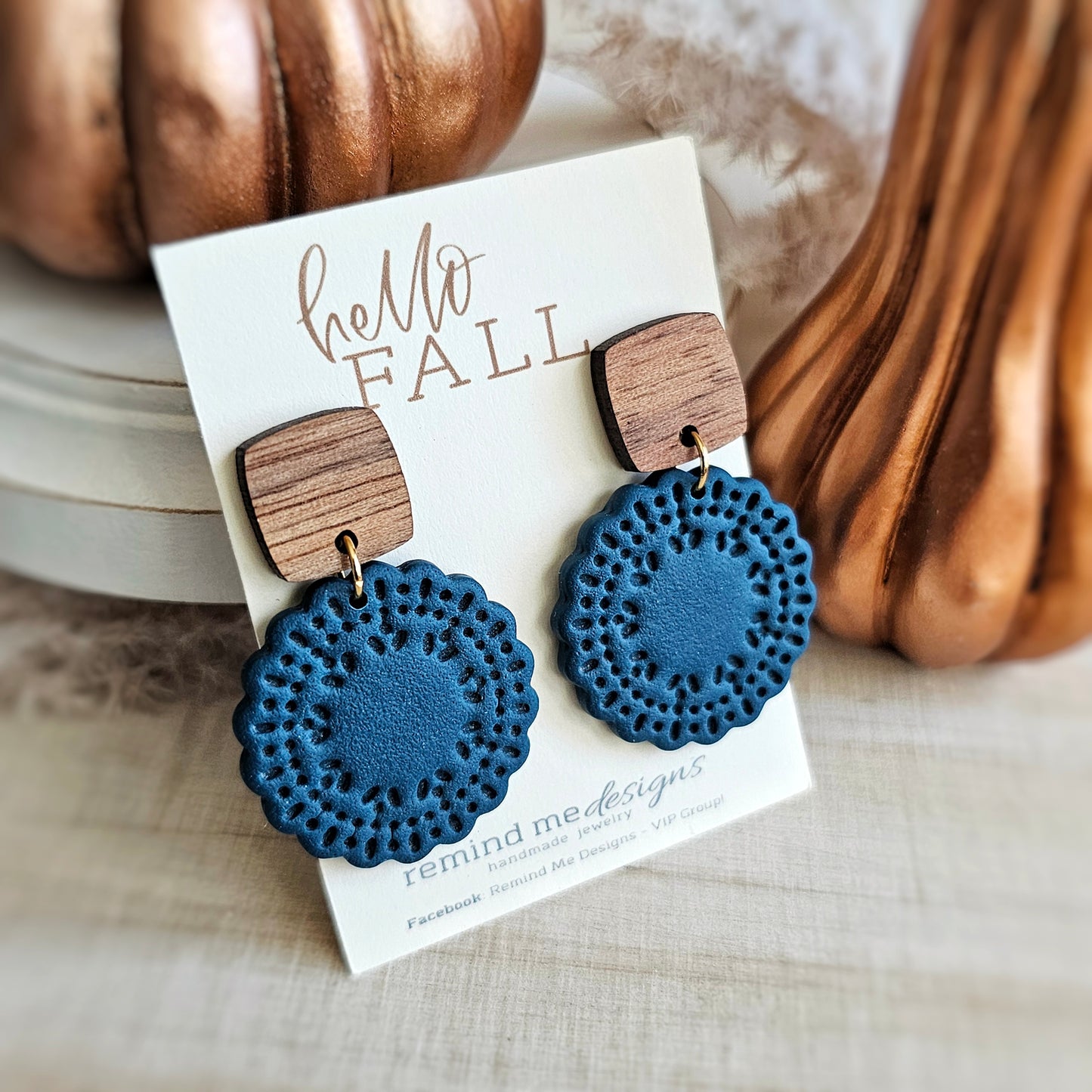 Dark Teal Clay and Wood Dangle Earrings