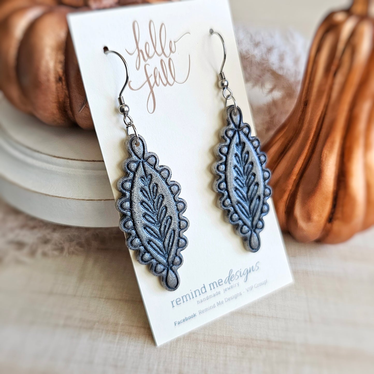 Gray Granite and Blue Polymer Clay Dangle Earrings