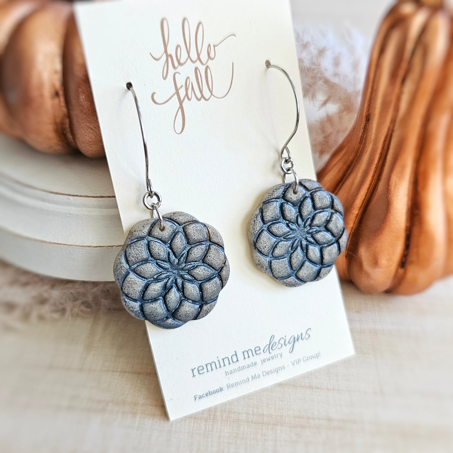 Gray Granite and Blue Polymer Clay Dangle Earrings