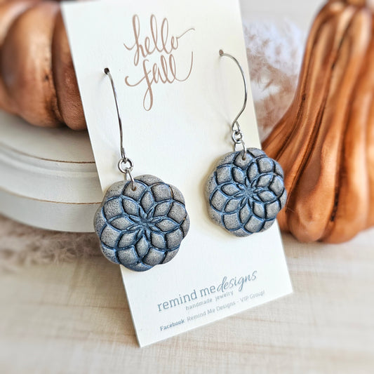 Gray Granite and Blue Polymer Clay Dangle Earrings