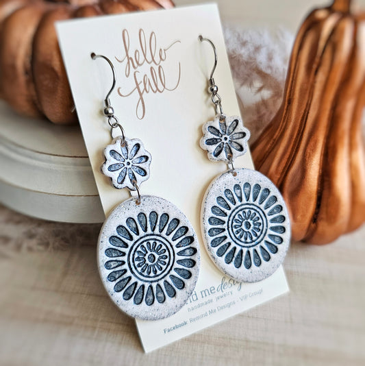 White and Gray Bluestone Polymer Clay Dangle Earrings