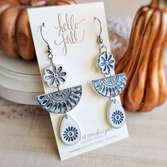 White and Gray Bluestone Polymer Clay Dangle Earrings