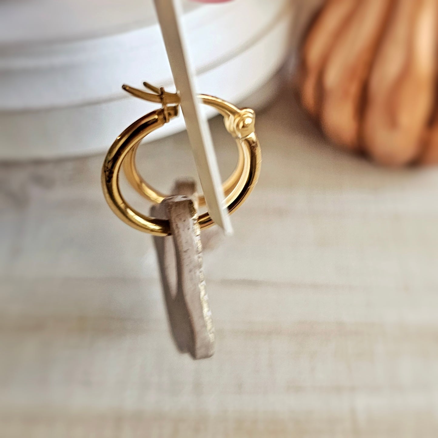 Tan and Gold Clay Huggie Hoop Dangles