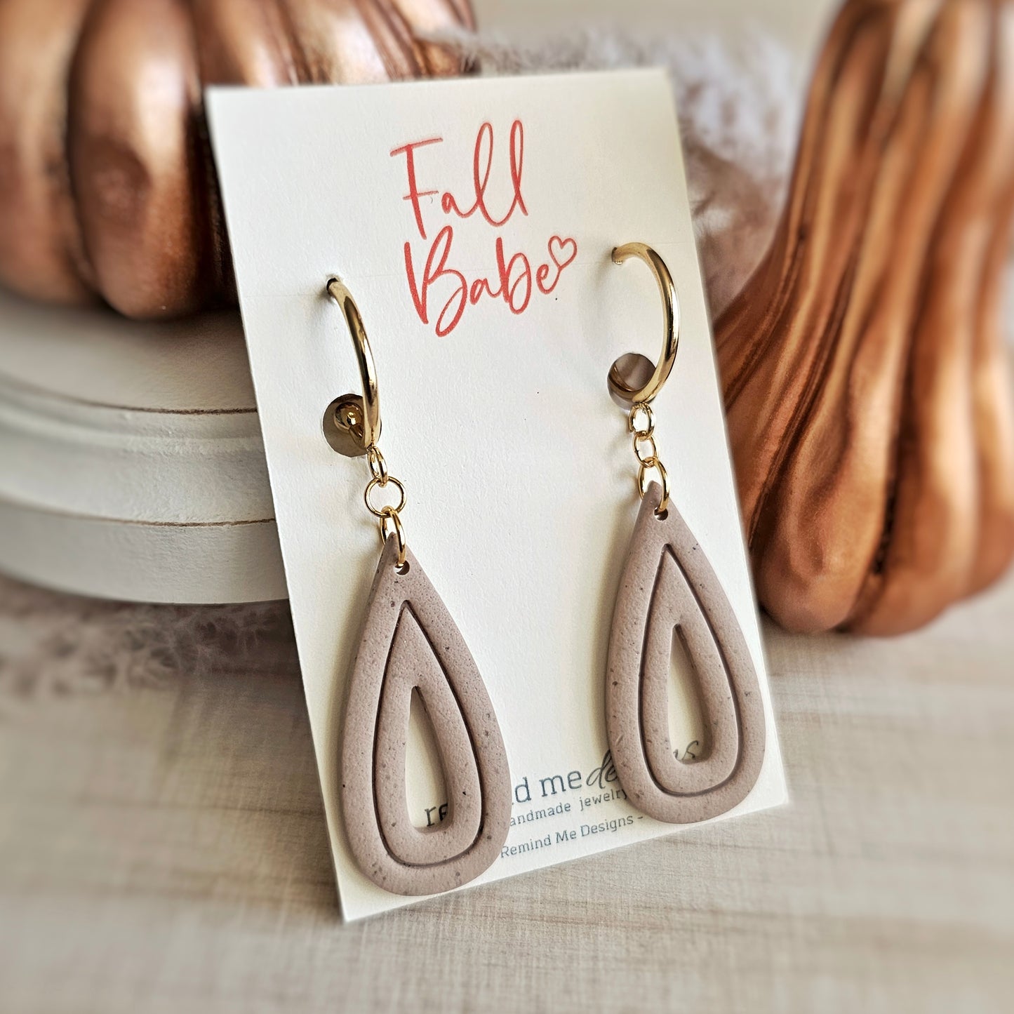Tan and Gold Clay Teardrop Hoop Dangles