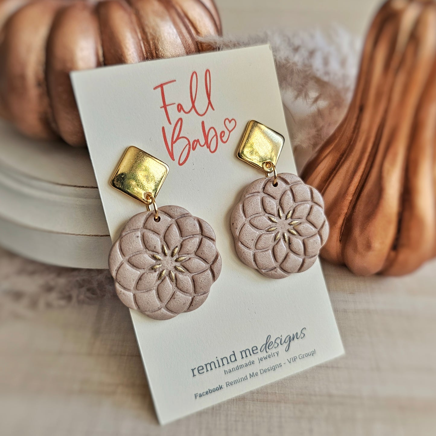 Tan and Gold Floral Clay Dangles