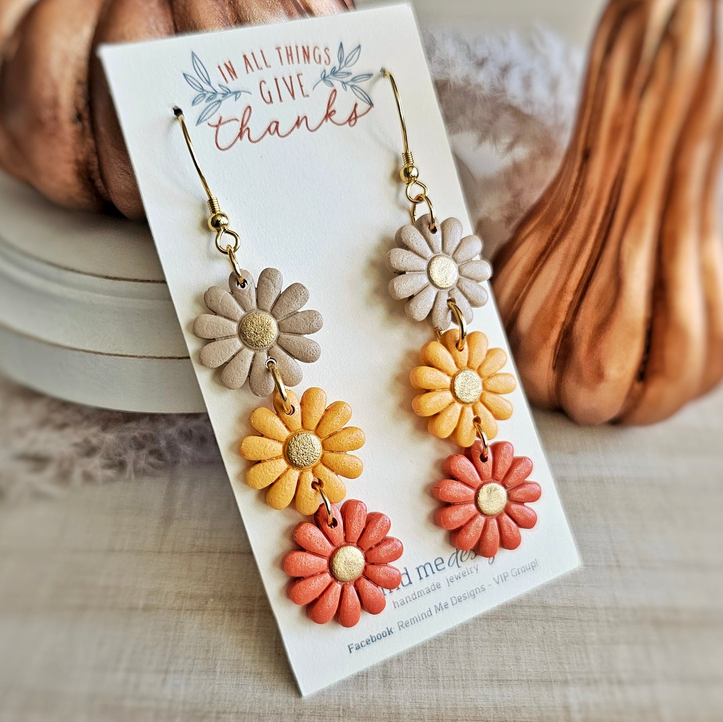 Tan, Yellow and Burnt Orange Floral Dangle Earrings