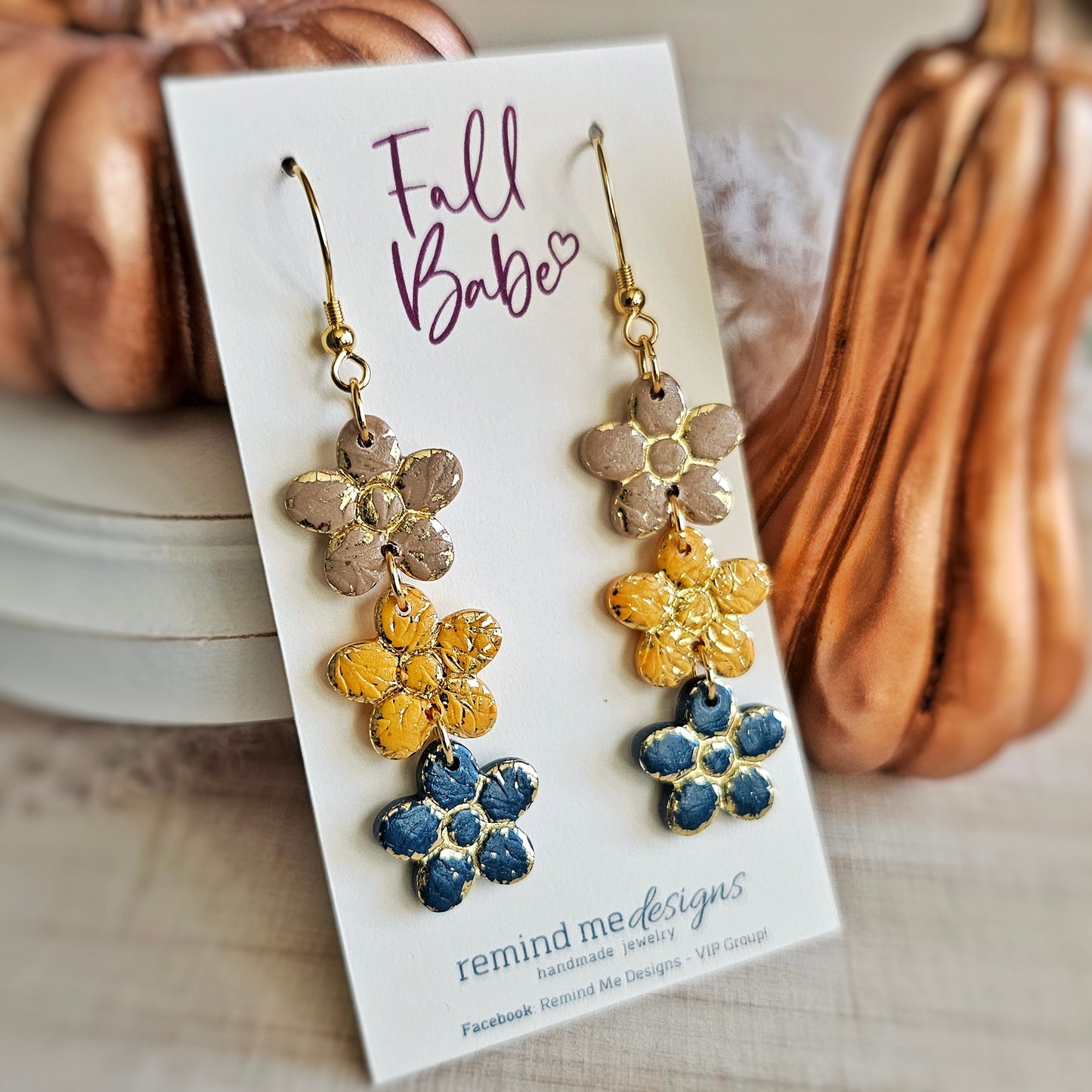 Tan, Mustard Yellow, and Dark Teal Flower Dangle Earrings
