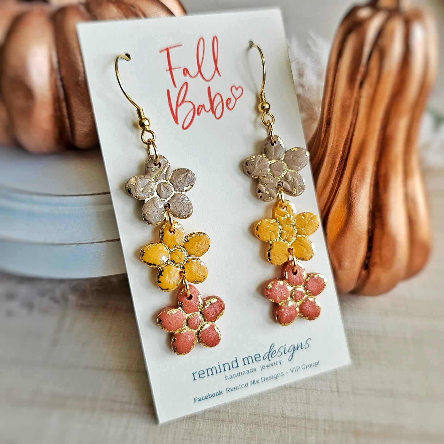 Tan, Yellow and Burnt Orange Floral Dangle Earrings