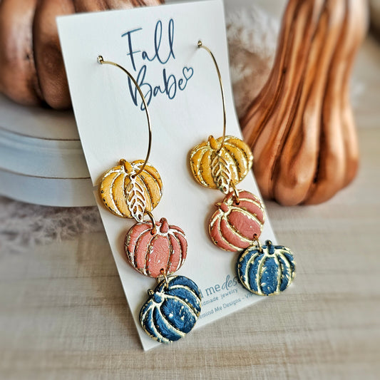 Mustard, Burnt Orange and Dark Turquoise Pumpkin Hoop Earrings