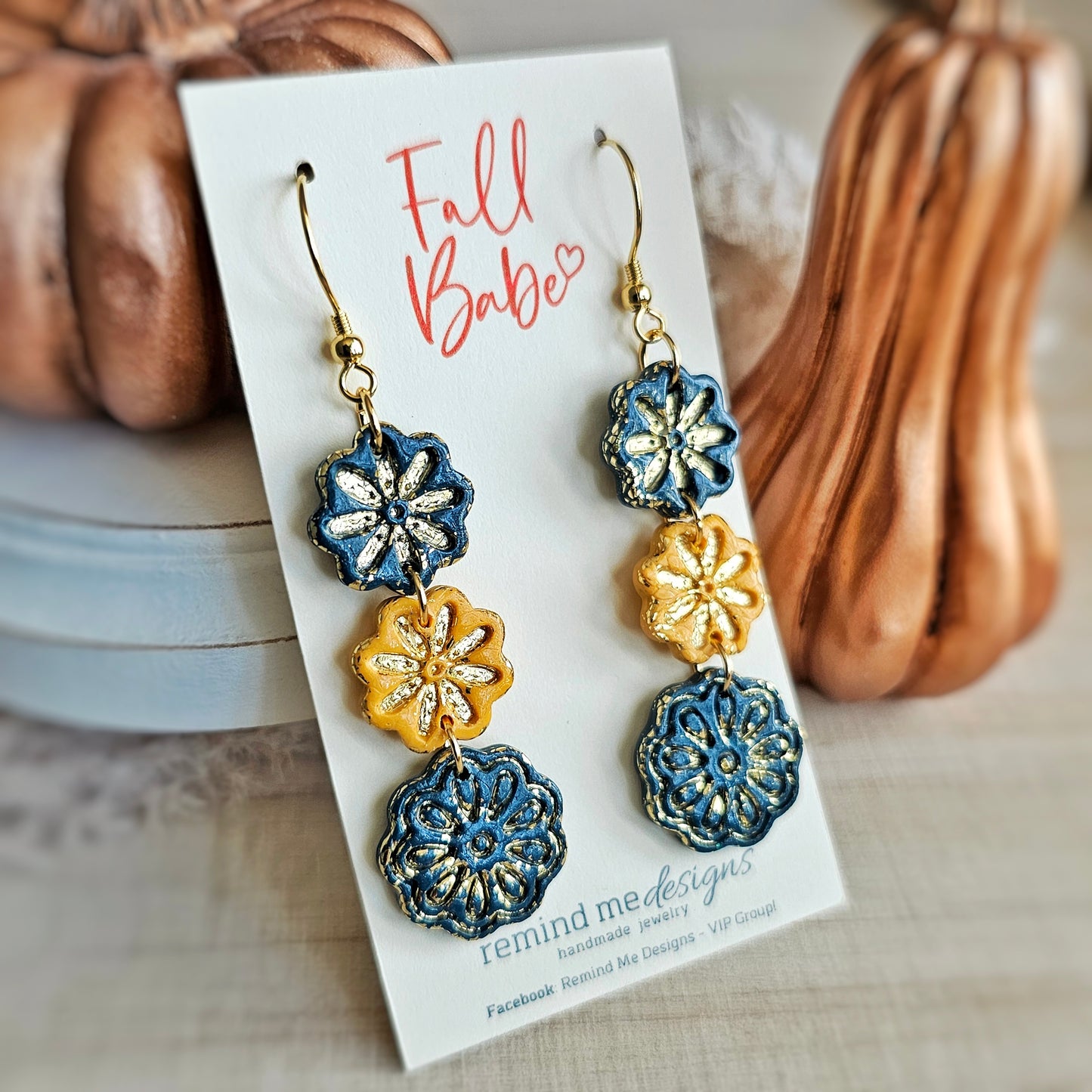 Dark Teal and Mustard Yellow Floral Clay Dangle Earrings