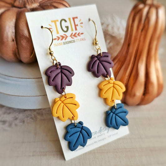 Purple Wine, Mustard and Dark Teal Leaves Clay Dangle Earrings