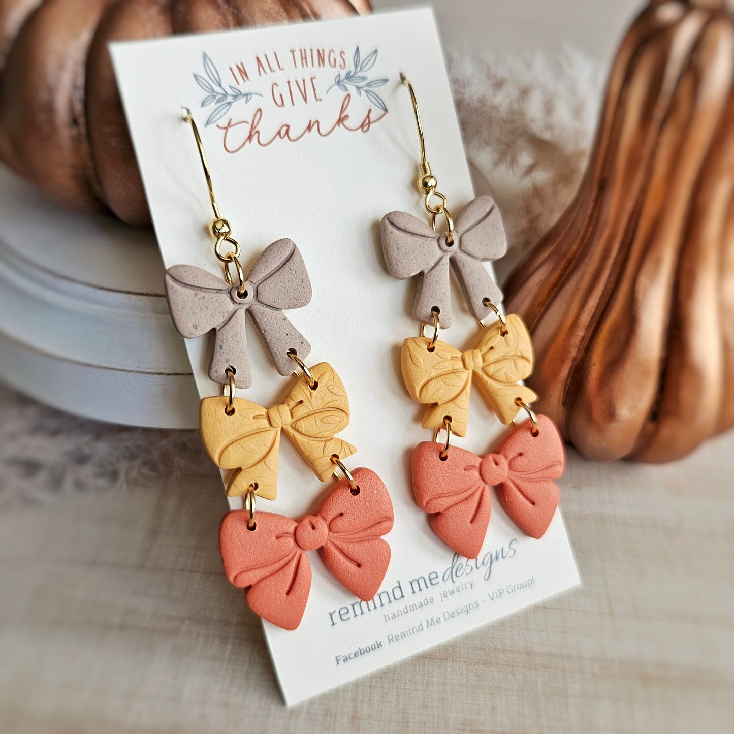 Tan, Yellow and Burnt Orange Bow Dangle Earrings