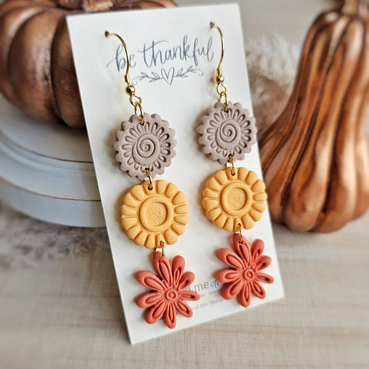 Tan, Yellow and Burnt Orange Floral Swirl Dangle Earrings