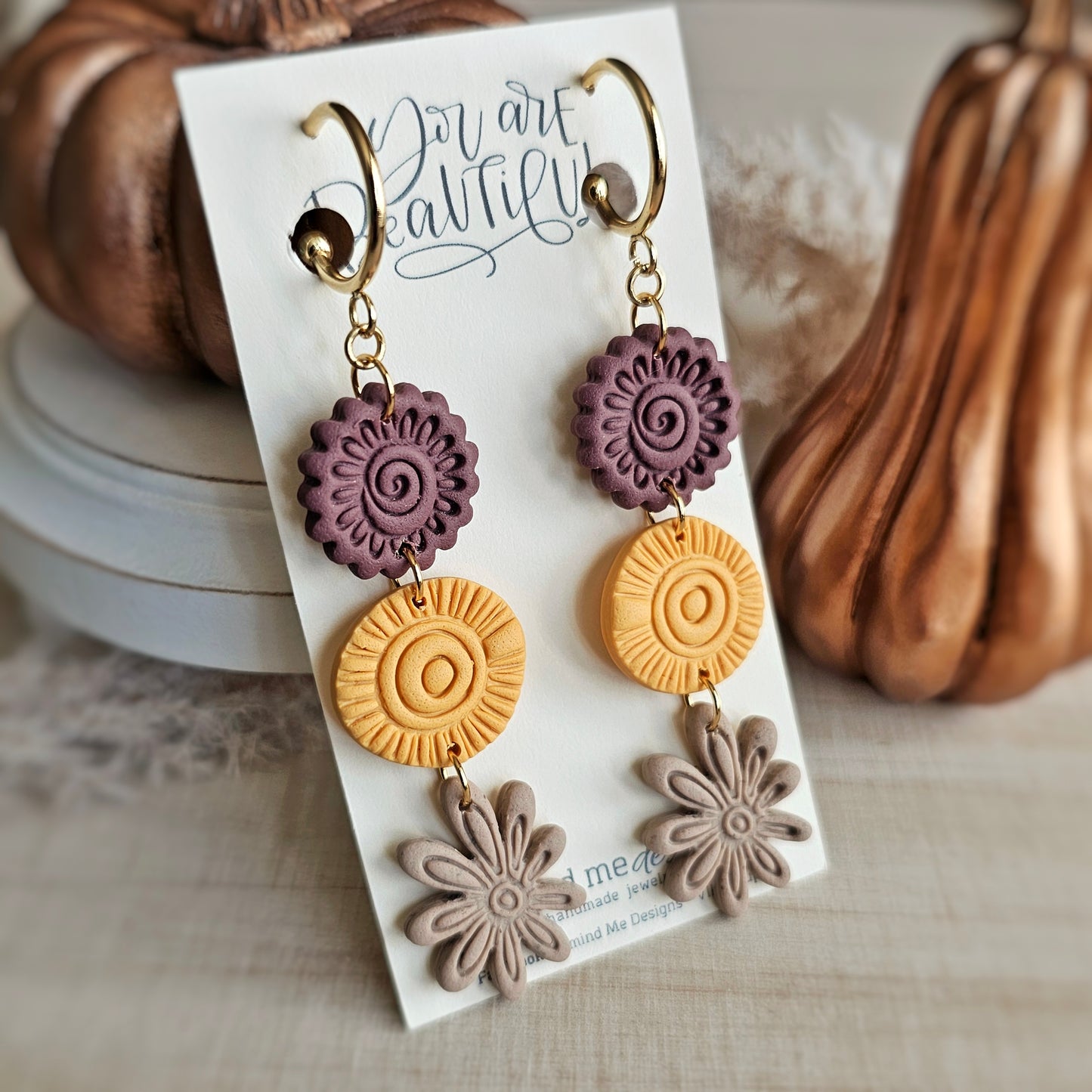 Light Mauve, Tan and Yellow Floral Swirls Dangle Earrings
