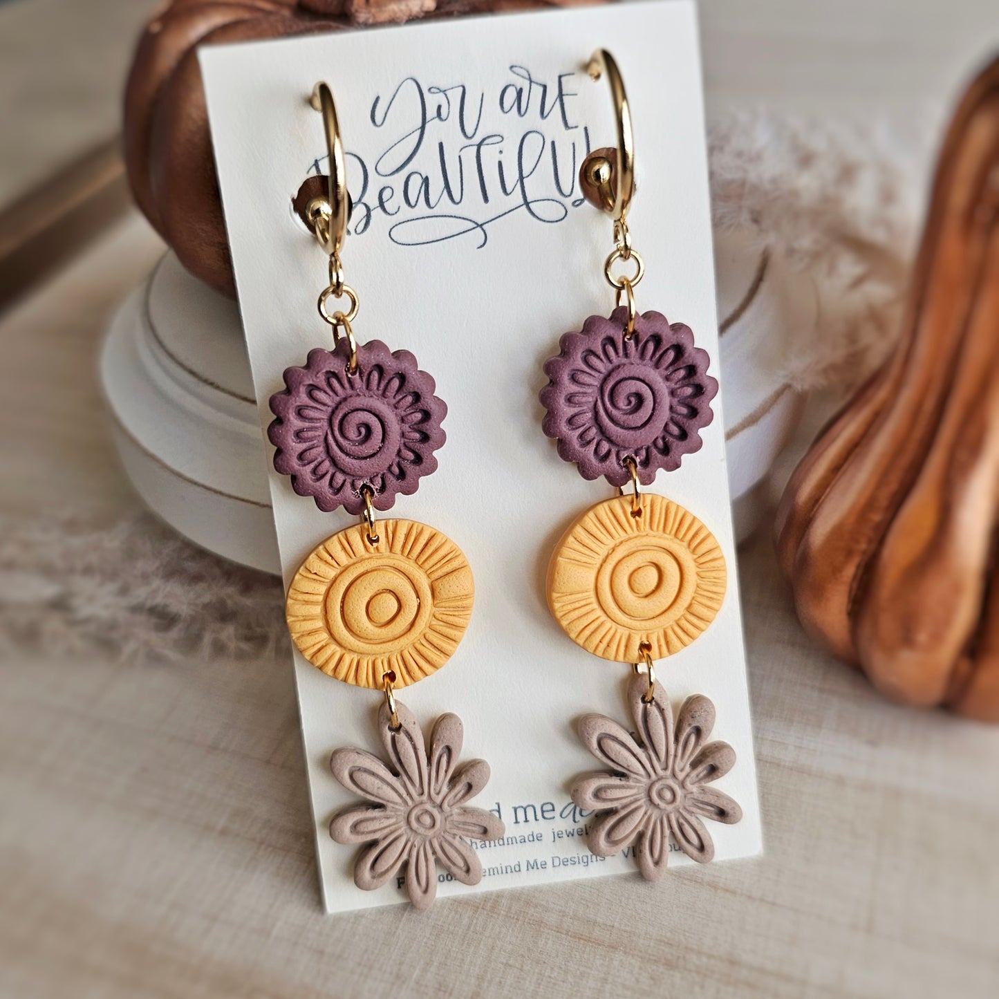 Light Mauve, Tan and Yellow Floral Swirls Dangle Earrings