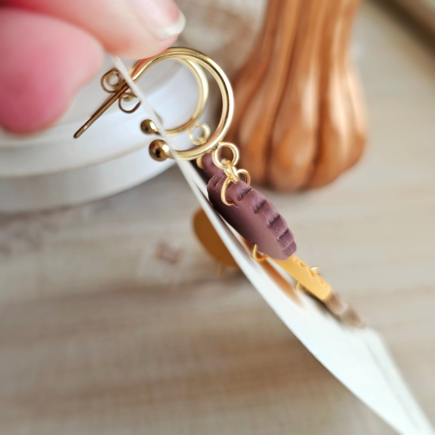 Light Mauve, Tan and Yellow Floral Swirls Dangle Earrings