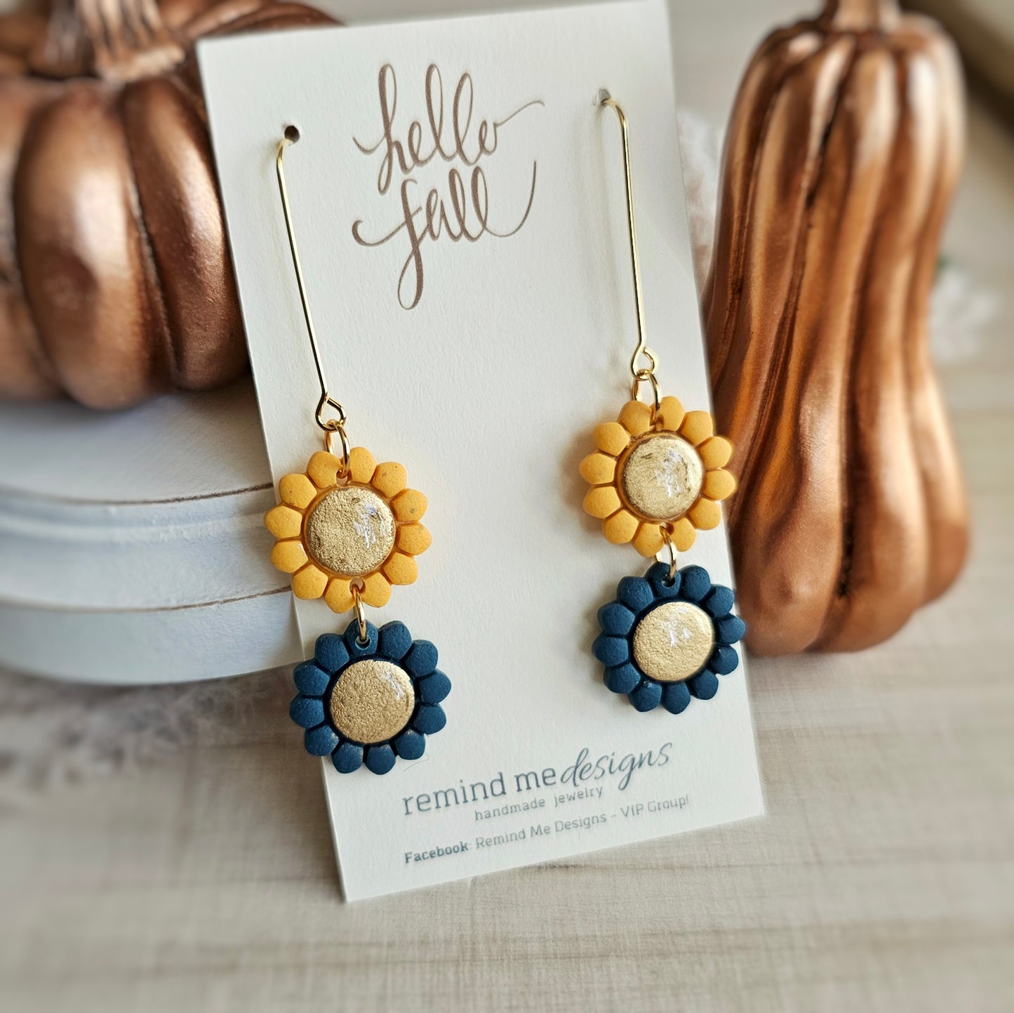 Mustard Yellow and Dark Teal Flower Clay Dangle Earrings