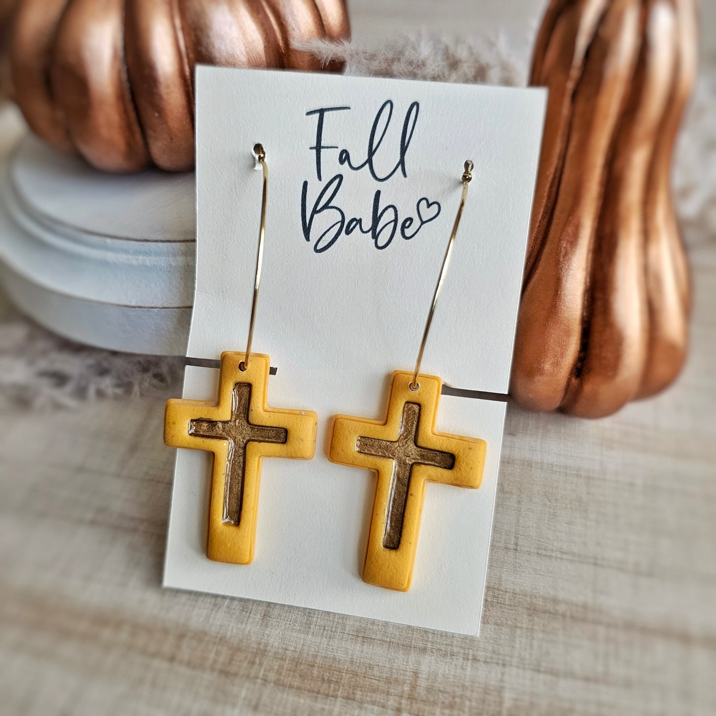 Mustard Yellow and Gold Cross Dangle Hoops Earrings
