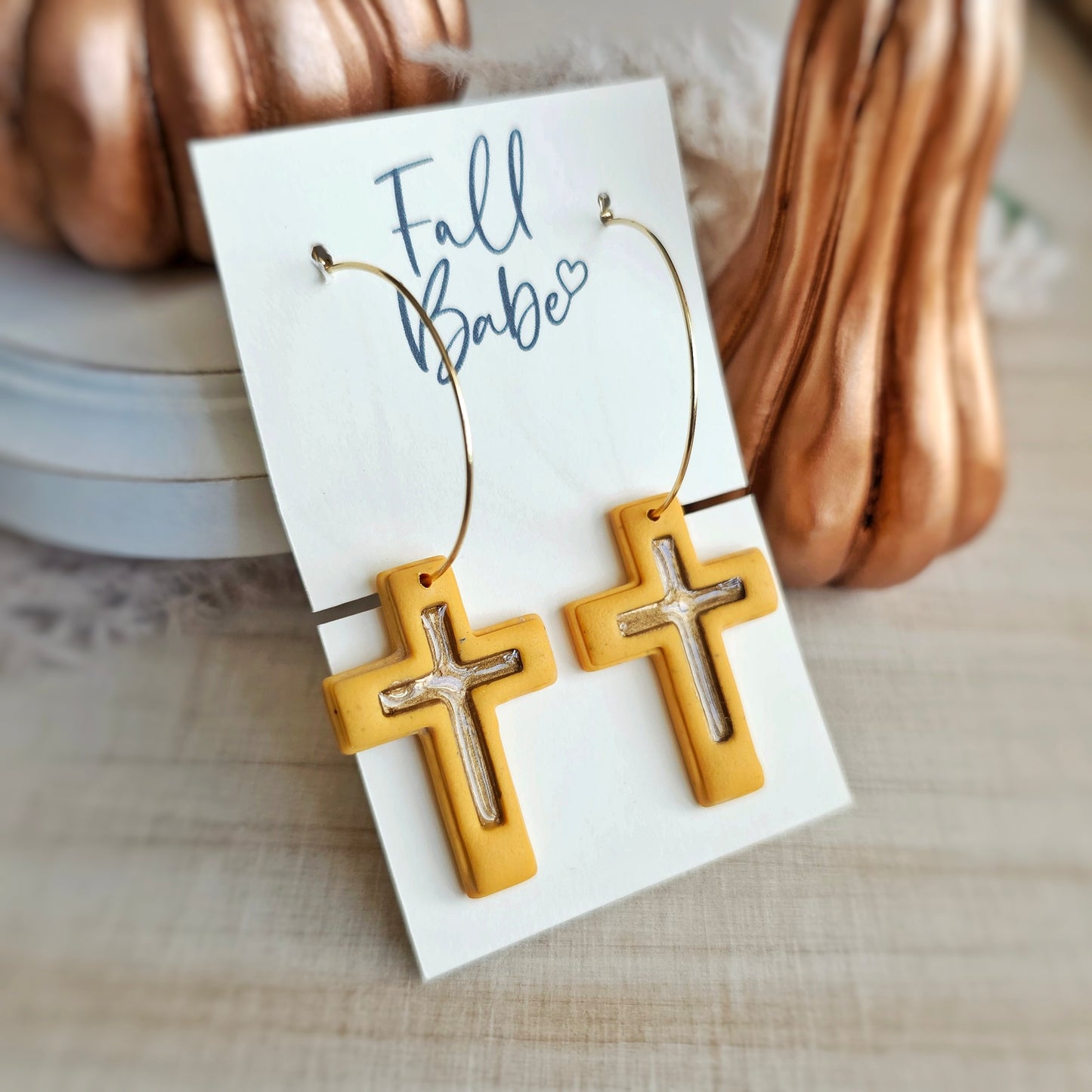 Mustard Yellow and Gold Cross Dangle Hoops Earrings