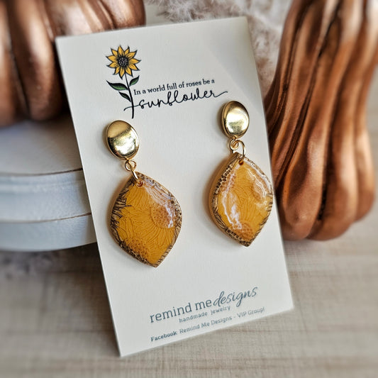 Mustard Yellow Sunflower Print with Gold Clay Dangle Earrings