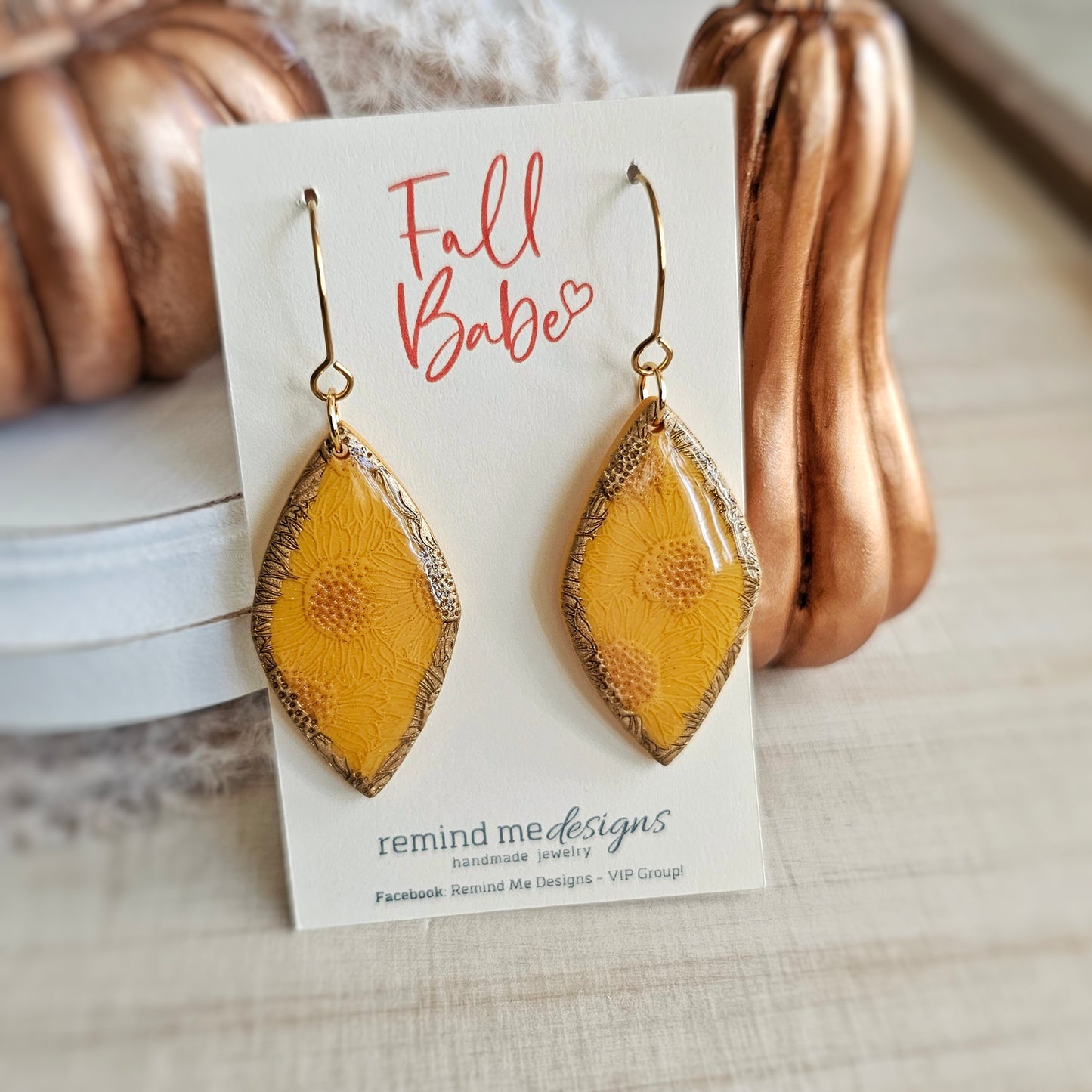 Mustard Yellow Sunflower Print with Gold Clay Dangle Earrings