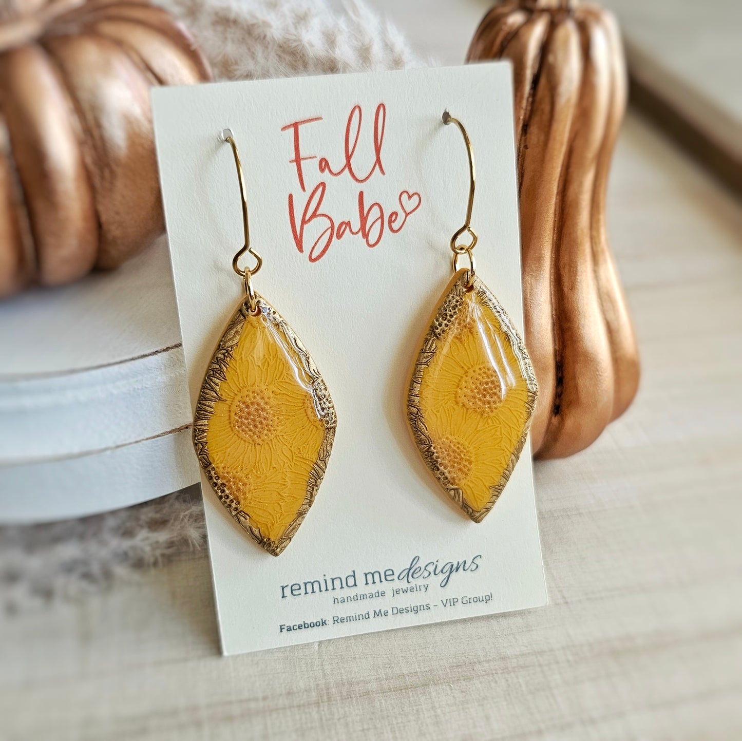 Mustard Yellow Sunflower Print with Gold Clay Dangle Earrings