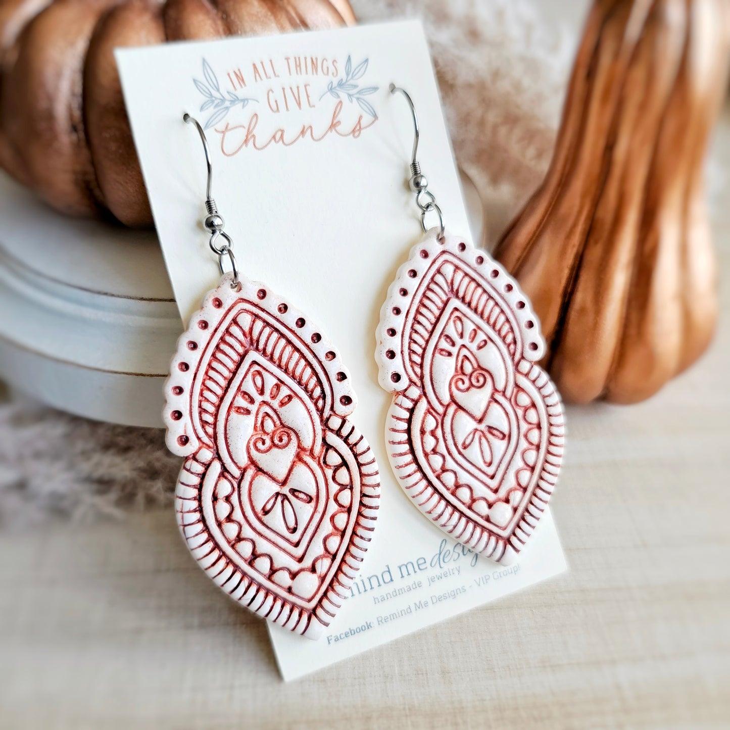White and Terra Cotta Orange Clay Dangle Earrings