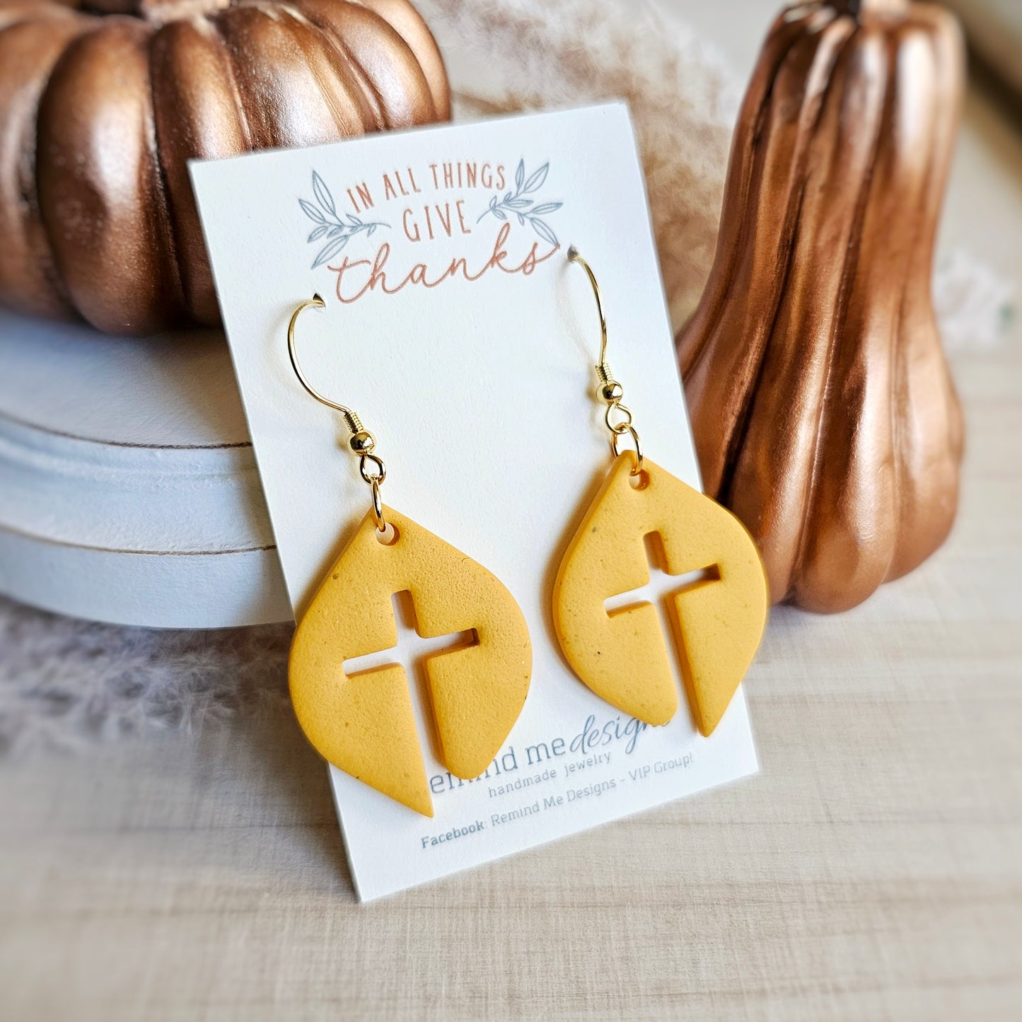 Mustard Yellow Leaf Shaped Cross Clay Dangle Earrings