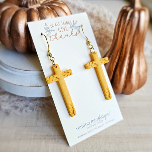 Mustard Yellow Cross Clay Dangle Earrings