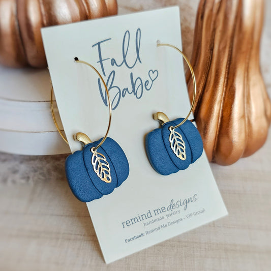 Dark Teal Clay Pumpkin Dangle Hoops Earrings