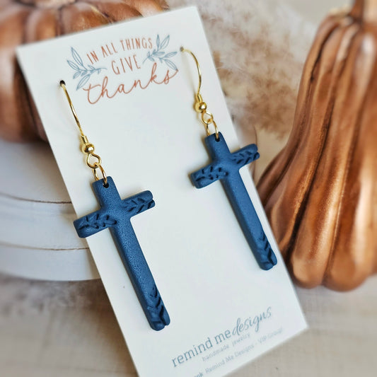 Dark Teal Cross Clay Dangle Earrings