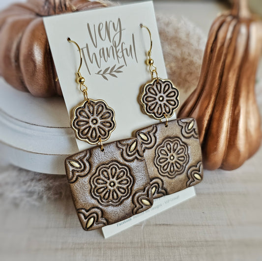 Tan Light Brown Floral Square Clay Dangles