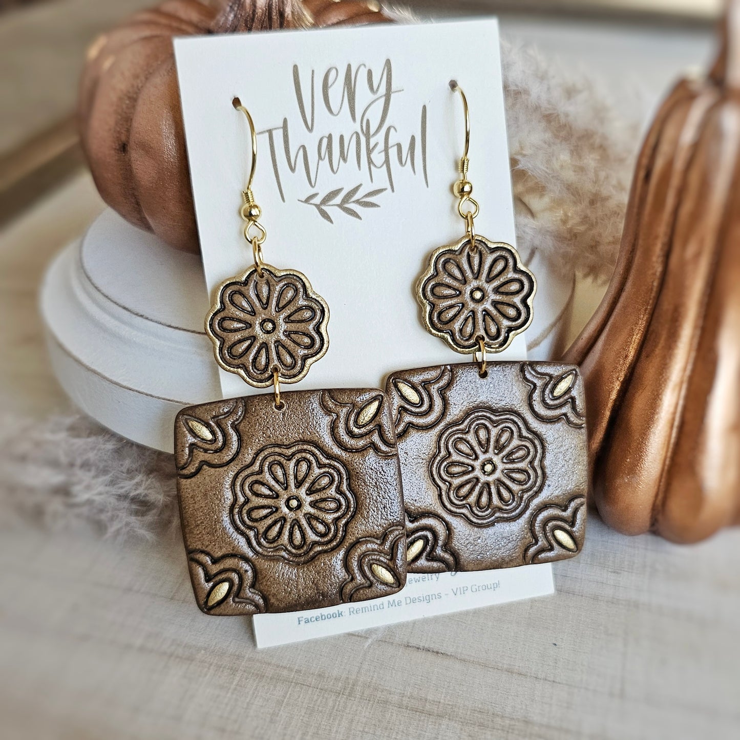 Tan Light Brown Floral Square Clay Dangles