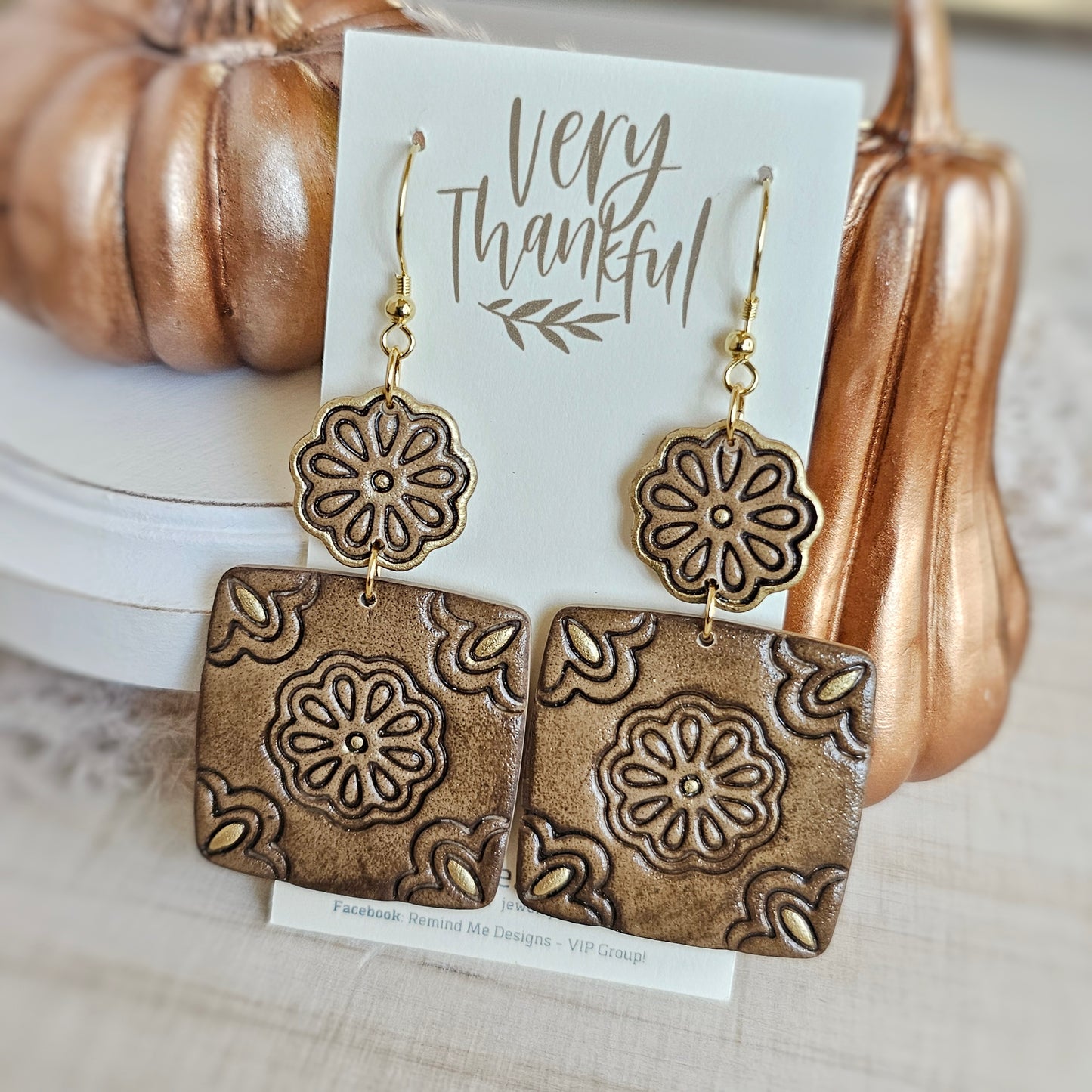 Tan Light Brown Floral Square Clay Dangles