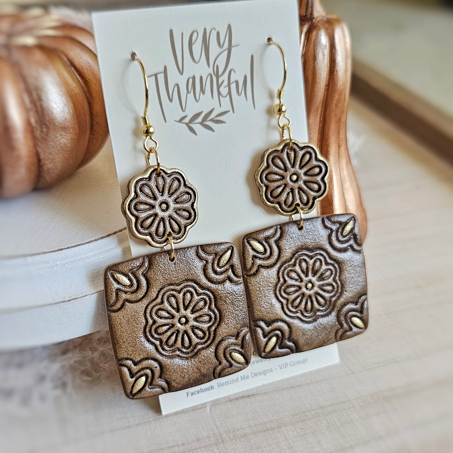 Tan Light Brown Floral Square Clay Dangles
